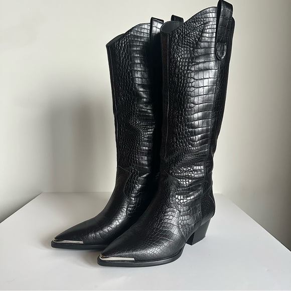 Black Leather Croc-Embossed Knee-High Boots Metal Toe Cap EU 39/ US 8.5-9 - Picture 7 of 16